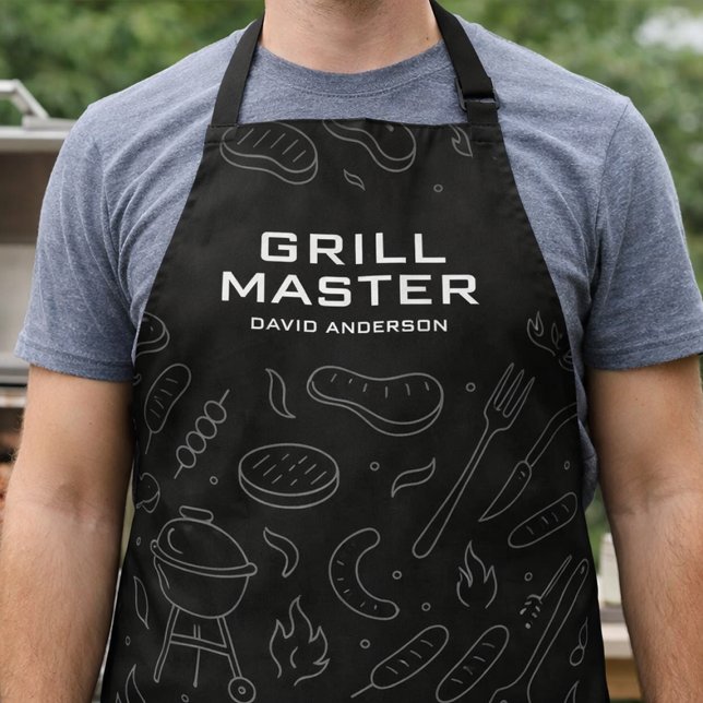 Moderne Grillmeister-Typografie mit minimalem BBQ Schürze (Personalized Grill Master apron photo with bold custom name and BBQ icon pattern)