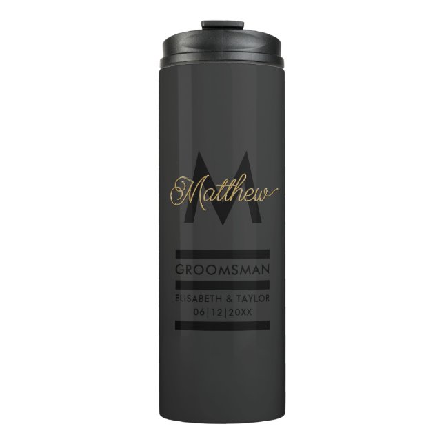 Moderne Groomsmans aus Schwarz und Gold mit Namen  Thermosbecher (Vorderseite)
