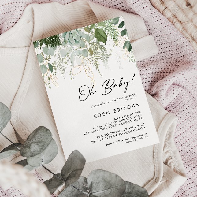 Moderne Grün und Gold Oh Baby! Babyparty Einladung (Von Creator hochgeladen)
