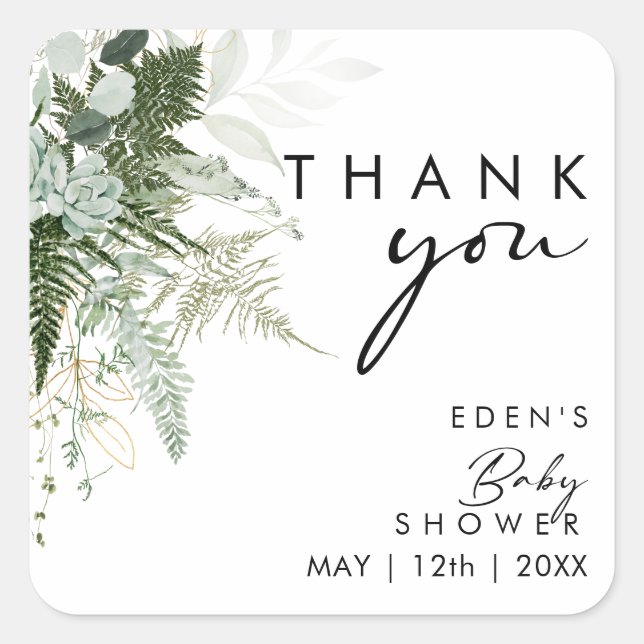 Moderne Grünanlage und Gold Baby Dusche Vielen Dan Quadratischer Aufkleber (Vorderseite)