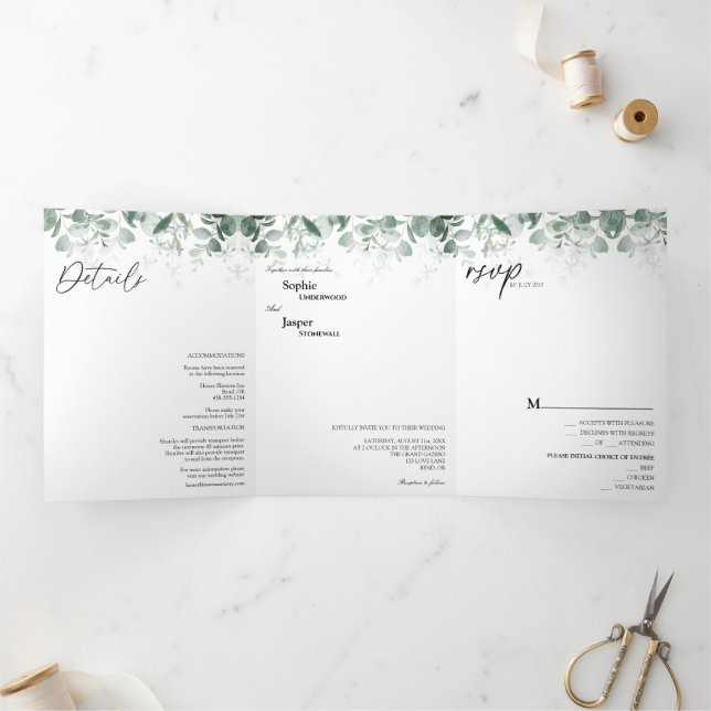 Moderne Grünanlage White Tri-Fold Hochzeit Einladu Dreifach Gefaltete Einladung (Innenseite)
