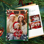 Moderne grüne 5 Foto Collage Frohe Weihnachten<br><div class="desc">Einfache,  minimale stylische fünf individuelle Fotos der Familie "Frohe Weihnachten und ein glückliches neues Jahr" (veränderlich) Typografie-Skript überlagert Weihnachtskarten-Vorlage mit einem Waldgrün Rahmen und Schneeflocken.                        Einfach mit Ihren Bildern,  Text,  Namenssignatur und Wünschen auf beiden Seiten personalisieren!</div>