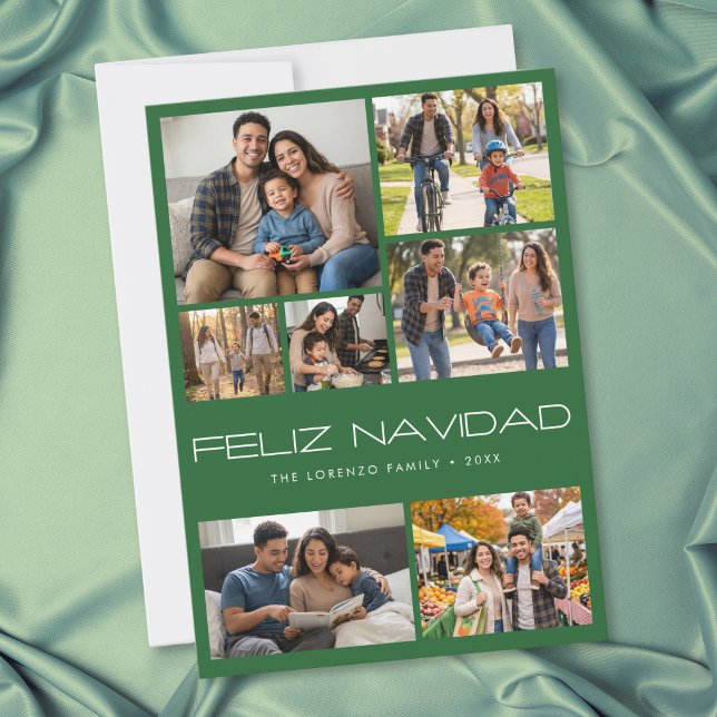 Moderne grüne 7-Foto-Collage Frohe Weihnachten (Modern Green 7 Photo Collage Feliz Navidad Holiday Card)