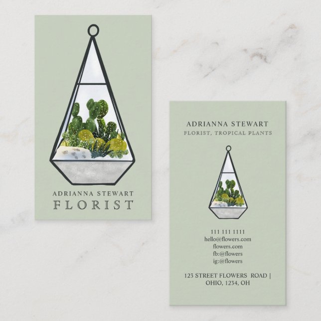 Moderne grüne Aquarellkaktus terrarium Florist Visitenkarte (Vorne/Hinten)