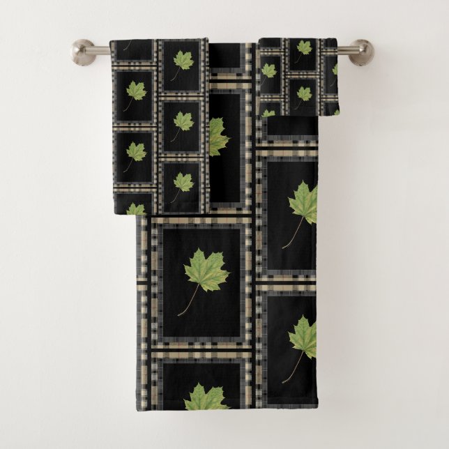 MODERNE GRÜNE BLATTE AUF SCHWARZ BADHANDTUCH SET (Insitu)