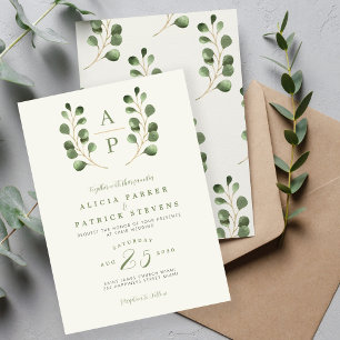 Moderne, grüne Blätter - Hochzeit auf Monogramm Einladung
