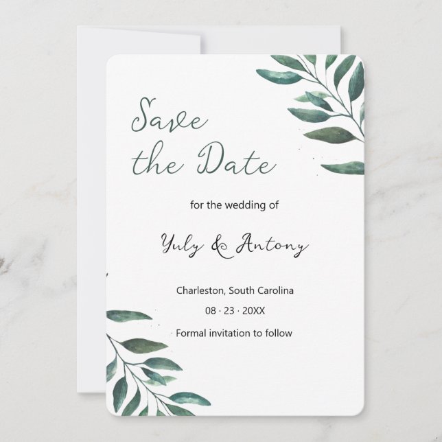 Moderne grüne Blätter Minimalistisch Elegant Save The Date (Vorderseite)