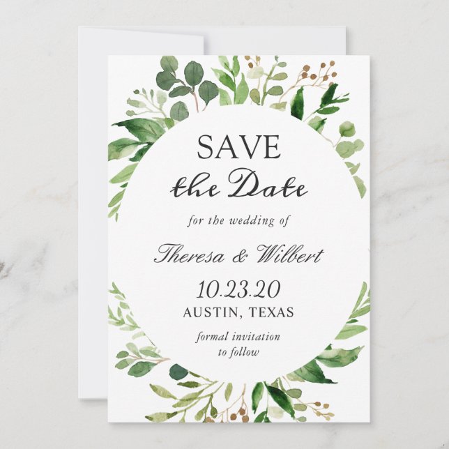 Moderne grüne Blätter Wreath Elegante Einfache Hoc Save The Date (Vorderseite)