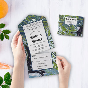 Moderne Grüne Blaue Erdtöne Abstrakte Kunst Hochze All In One Einladung