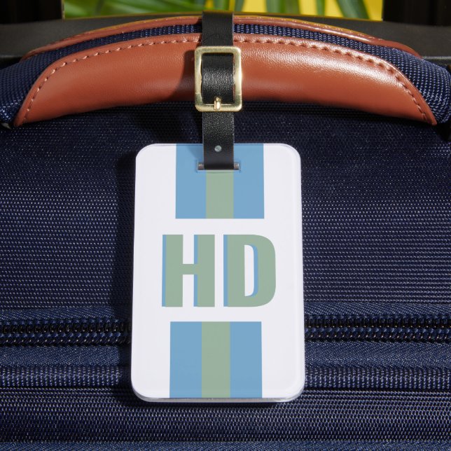 Moderne grüne blaue gestreifte Shadow Monogram fem Gepäckanhänger (Vorderseite Insitu 2)