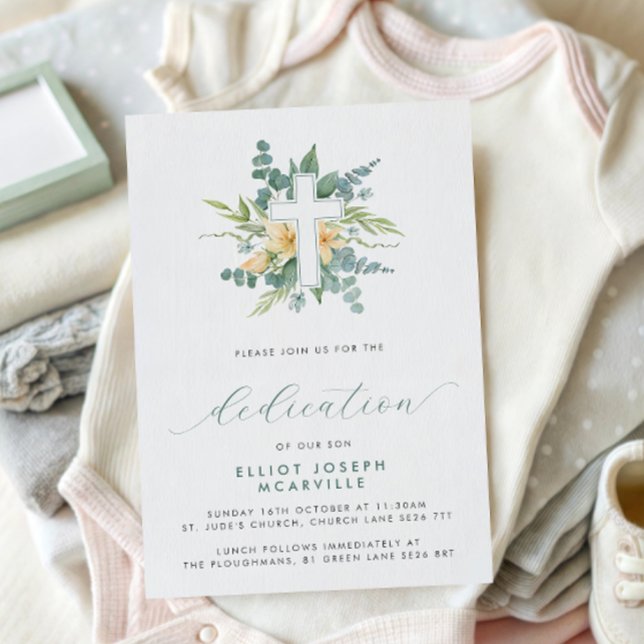 Moderne Grüne Cross Script Baby Dedication Einladung (Von Creator hochgeladen)