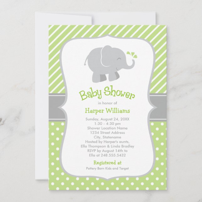 Moderne, grüne Elefant-Neutral-Baby-Dusche Einladung (Vorderseite)