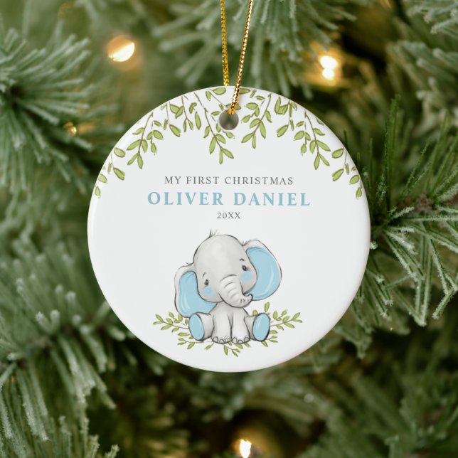 Moderne Grüne Elephant Junge Erste Weihnacht Keramik Ornament (Baum)