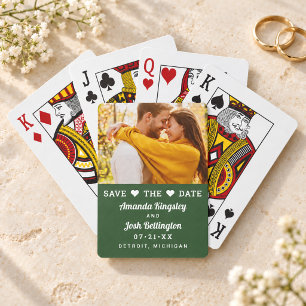 Moderne grüne Foto-Herz-Save-the-Date-Karte Spielkarten