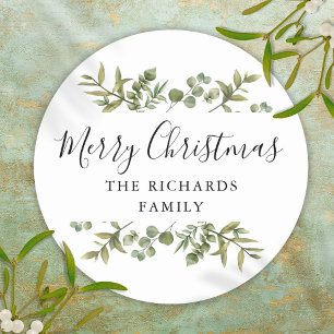 Moderne Grüne Frohe Weihnachten Familienname Runder Aufkleber
