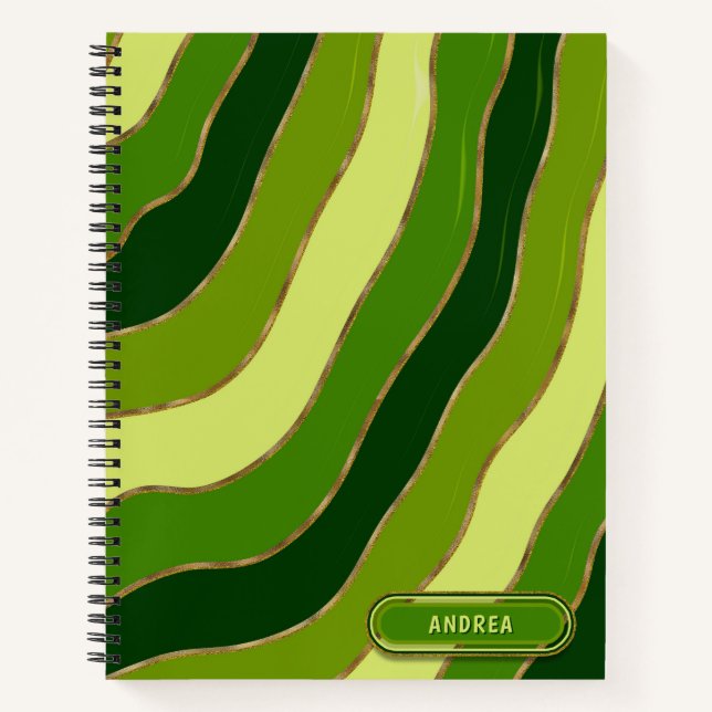 Moderne grüne gelbe Farbtöne Wavy Stripes Chic Notizbuch (Vorderseite)