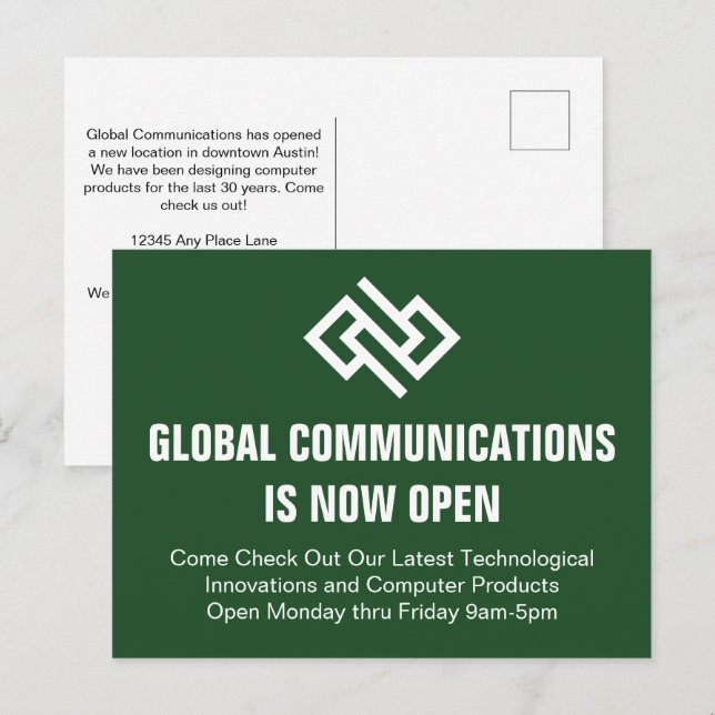 Moderne grüne Geschäftseröffnungs-Werbung Postkarte (Vorne/Hinten)