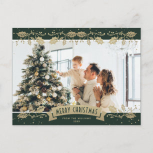 Moderne grüne Gold-Stechpalmen-Foto-Weihnachts-Pos Feiertagspostkarte