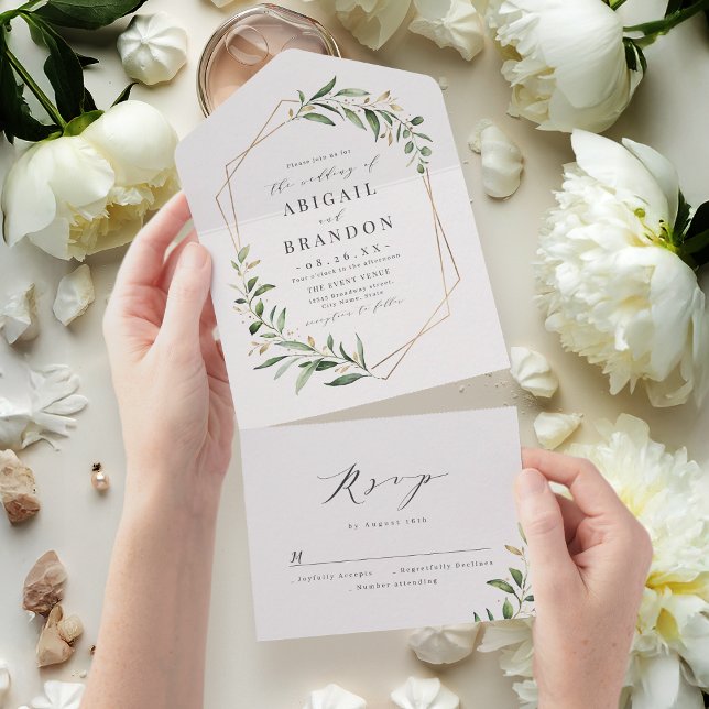 Moderne Grüne Goldene geometrische Hochzeit All In One Einladung (Modern Greenery Gold Geometric Rustic Wedding All In One Invitation)
