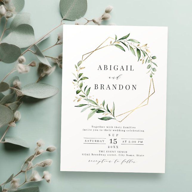 Moderne Grüne Goldene geometrische Hochzeit Einladung (Modern Greenery Gold Geometric Rustic Wedding Invitation)