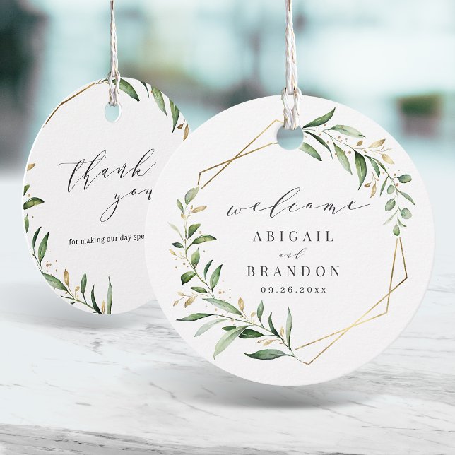Moderne Grüne Goldene geometrische Hochzeit Geschenkanhänger (Modern Greenery Gold Geometric Rustic Wedding Favor Tags)