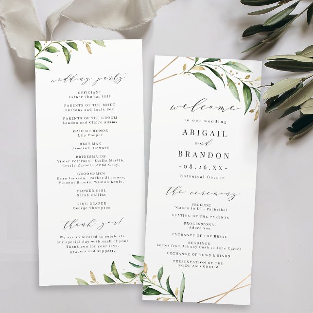 Moderne Grüne Goldene geometrische Hochzeit Programm (Modern Greenery Gold Geometric Rustic Wedding Program)