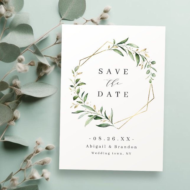 Moderne Grüne Goldene geometrische Hochzeit Save The Date (Modern Greenery Gold Geometric Rustic Wedding Save The Date)