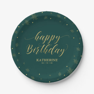 Moderne Grüne & Goldene Glitzernde Happy Birthday  Pappteller