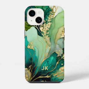 Moderne grüne goldene Marmor Monogramm Personalisi iPhone 14 Hülle