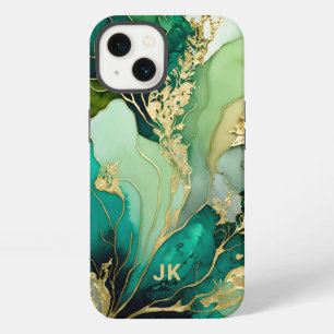 Moderne grüne goldene Marmor Monogramm Personalisi iPhone 13 Hülle