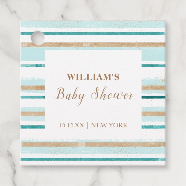 Moderne grüne Goldwasserfarbe Stripe Babydusche Geschenkanhänger (Vorderseite)