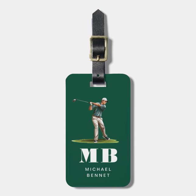 Moderne grüne Golfer-Sport-Monogramm Gepäckanhänger (Vorderseite vertikal)