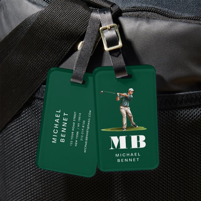Moderne grüne Golfer-Sport-Monogramm Gepäckanhänger (Modern Green Golfer Sport Monogram Luggage Tag)