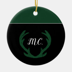 Moderne grüne Hirschgeweih-Monogramm Keramik Ornament
