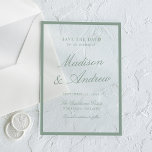 Moderne grüne Hochzeitseinladung mit Salbeimuster  Acryleinladungen<br><div class="desc">Begrüßen Sie Ihre Hochzeitsfeier mit natürlicher Eleganz mit dieser salbeigrünen Rand-Acrylsteckkarte. Ein graziler salbeigrüner Rahmen umgibt das Design auf einem klaren Acryl-Hintergrund und schafft eine leichte und zeitlose Präsentation. Fließende Kalligrafie zeigt die Namen des Paares, während klassische Serifenschrift die Daten, den Veranstaltungsort und den Ort mit zurückhaltender Verfeinerung anzeigt. Ideal...</div>