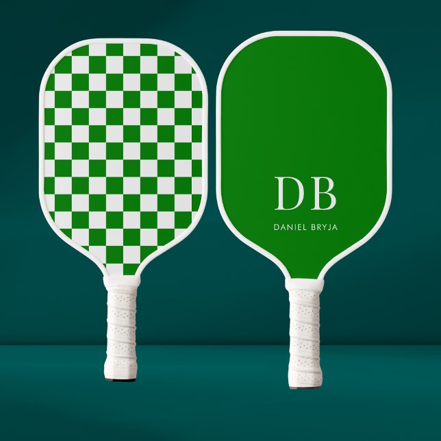 Moderne grüne karierte Monogramm Pickleball Schläger (Von Creator hochgeladen)