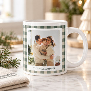Moderne grüne Karo-rustikale Foto-Weihnachtsfeier Jumbo-Tasse