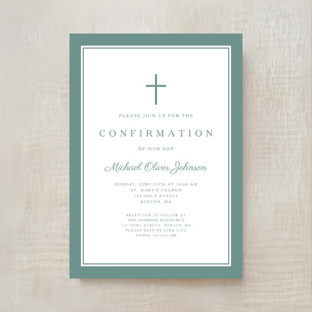 Moderne grüne Kreuz Jungen-Firmung Einladung (Modern Green Cross Boy Confirmation Invitation)