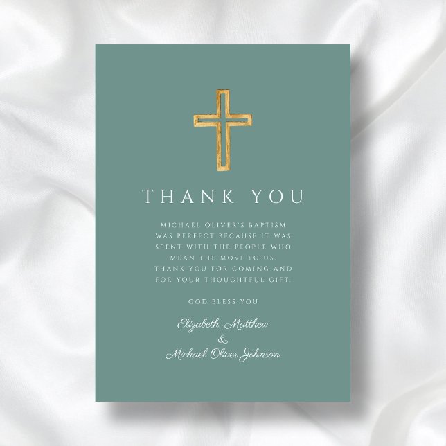 Moderne grüne Kreuztaufe Dankeskarte (Modern Green Cross Baptism Thank You Card)