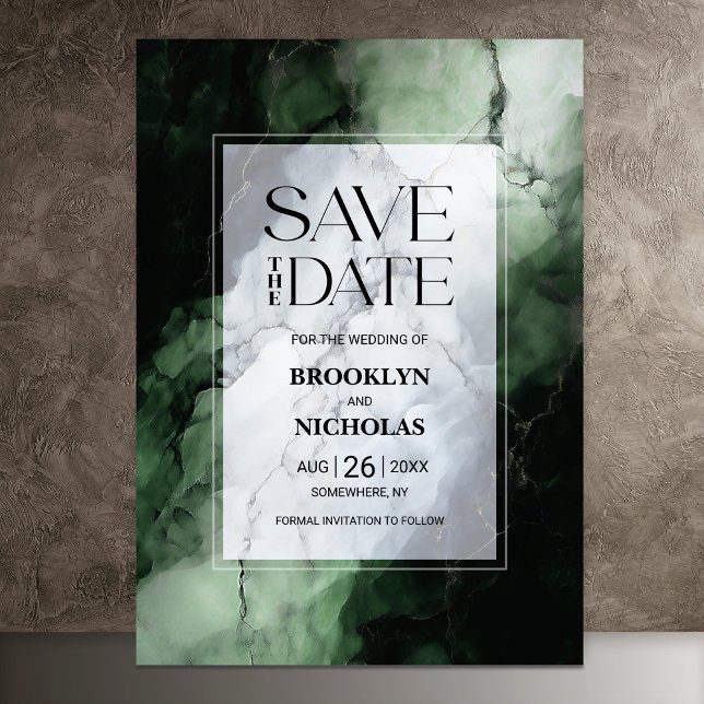 Moderne grüne Marmorhochzeit spart das Datum Save The Date (Von Creator hochgeladen)