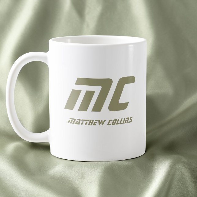 Moderne grüne Monogramm Name Minimaler Text Männer Kaffeetasse (Modern Green Monogram Name Minimal Text Men's Coffee Mug)