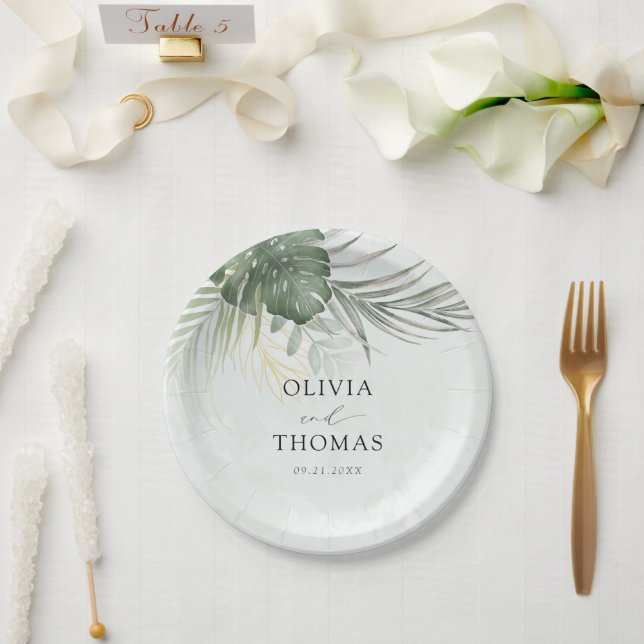Moderne Grüne Monstera-Tropenhochzeit Pappteller (Hochzeit)