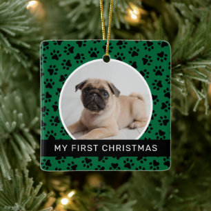 Moderne grüne Pfotenabdruck-Welpen-Weihnachten-Fot Keramikornament