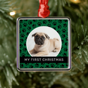 Moderne grüne Pfotenabdruck-Welpen-Weihnachten-Fot Ornament Aus Metall
