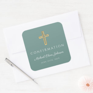 Moderne Grüne Religiöse Kreuz Jungen Konfirmation Quadratischer Aufkleber
