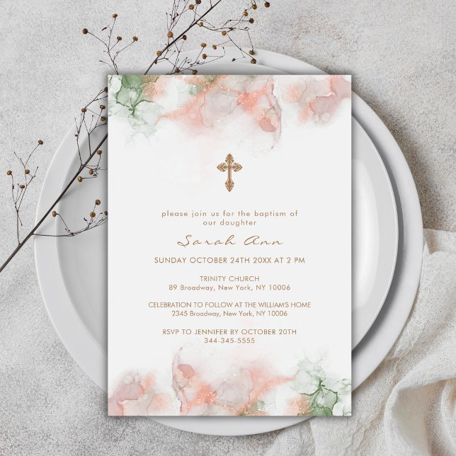 Moderne grüne Rosa Boho Agate Gold Cross Taufe Einladung (Modern Green Pink Boho Agate Gold Cross Baptism Invitation)