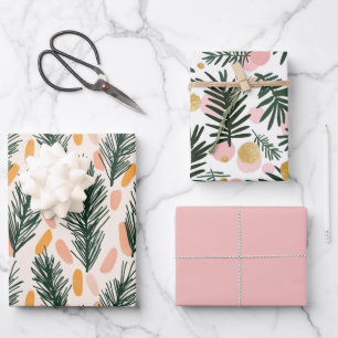 Moderne Grüne Rosa Gold Weihnachtsbaumzweige Geschenkpapier Set