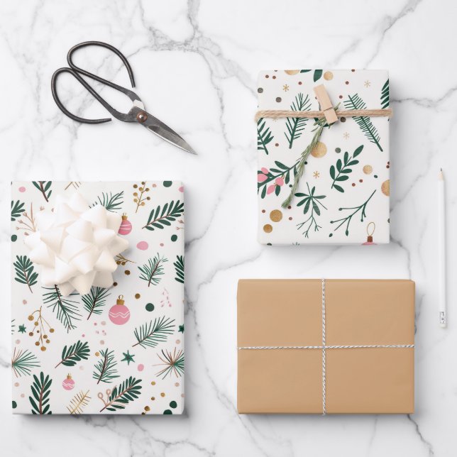 Moderne Grüne Rosa Gold Weihnachtsbaumzweige Geschenkpapier Set (Vorderseite)