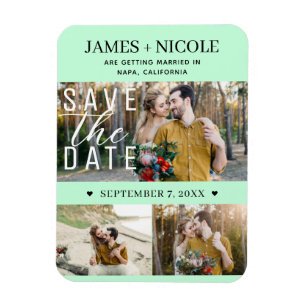 Moderne grüne Save-the-Date-Hochzeit mit 3 Fotos Magnet