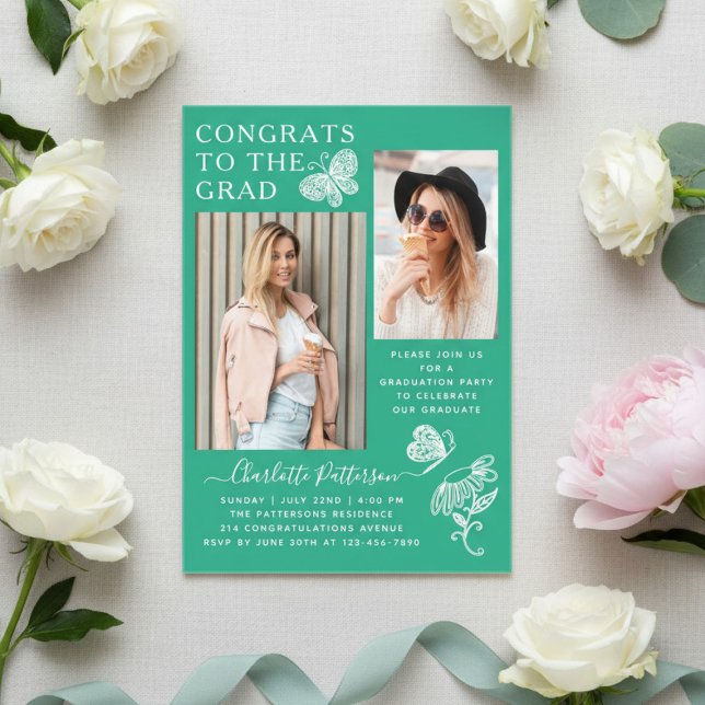 Moderne Grüne Schmetterlingspartei Foto Graduation Acryleinladungen (Von Creator hochgeladen)